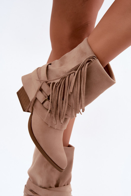 Bottines de style cowboy avec franges, rubans et boucles sable Corvella