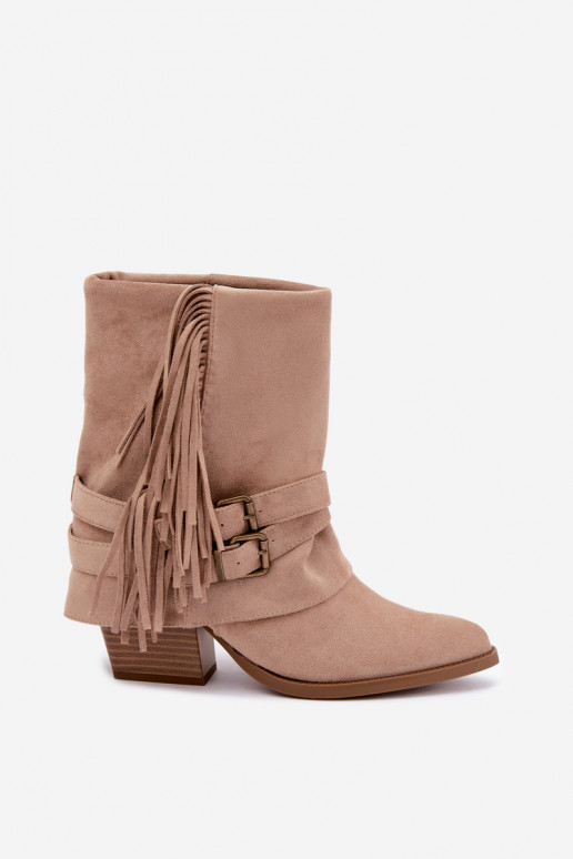 Bottines de style cowboy avec franges, rubans et boucles sable Corvella