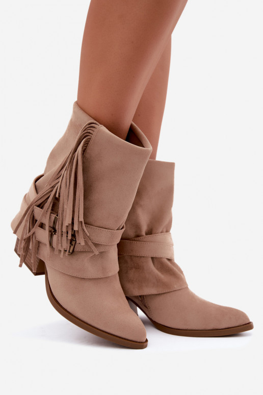 Bottines de style cowboy avec franges, rubans et boucles sable Corvella