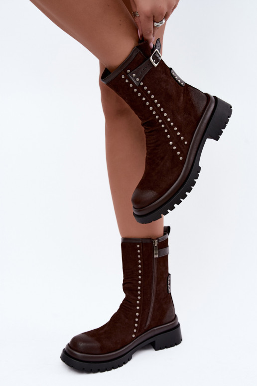 Bottines chaudes en suède synthétique avec boucles en chocolat Tai turiciejka K7727-02