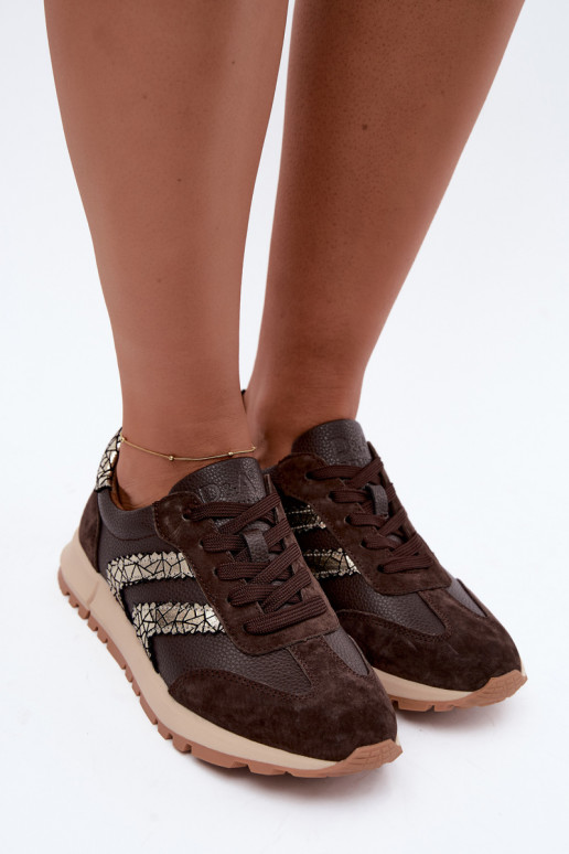 Baskets pour femmes en daim synthétique de couleur chocolat D&A GR62-6015