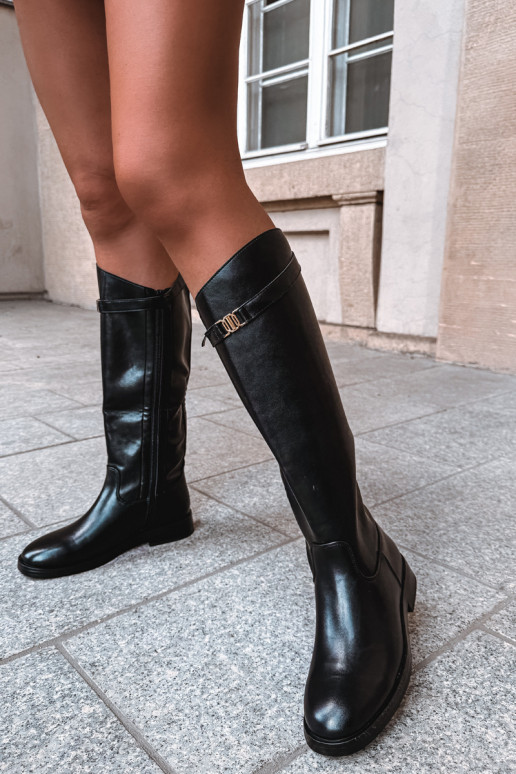 Bottes hautes noires pour femmes avec talons larges et décorations Tarelle