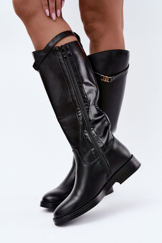 Bottes hautes noires pour femmes avec talons larges et décorations Tarelle