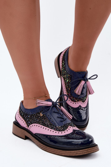 Chaussures en cuir pour femmes avec lacets et pampilles Tai turiciejka K7816-17 en bleu marine