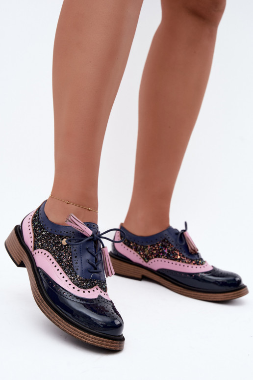 Chaussures en cuir pour femmes avec lacets et pampilles Tai turiciejka K7816-17 en bleu marine