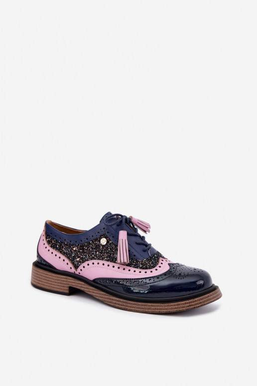 Chaussures en cuir pour femmes avec lacets et pampilles Tai turiciejka K7816-17 en bleu marine