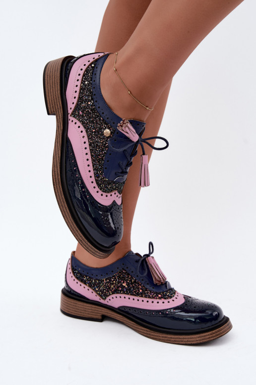 Chaussures en cuir pour femmes avec lacets et pampilles Tai turiciejka K7816-17 en bleu marine