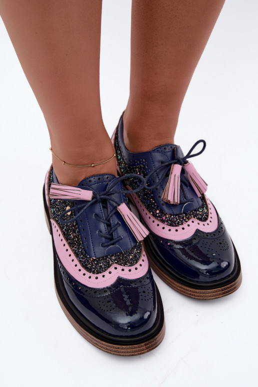 Chaussures en cuir pour femmes avec lacets et pampilles Tai turiciejka K7816-17 en bleu marine