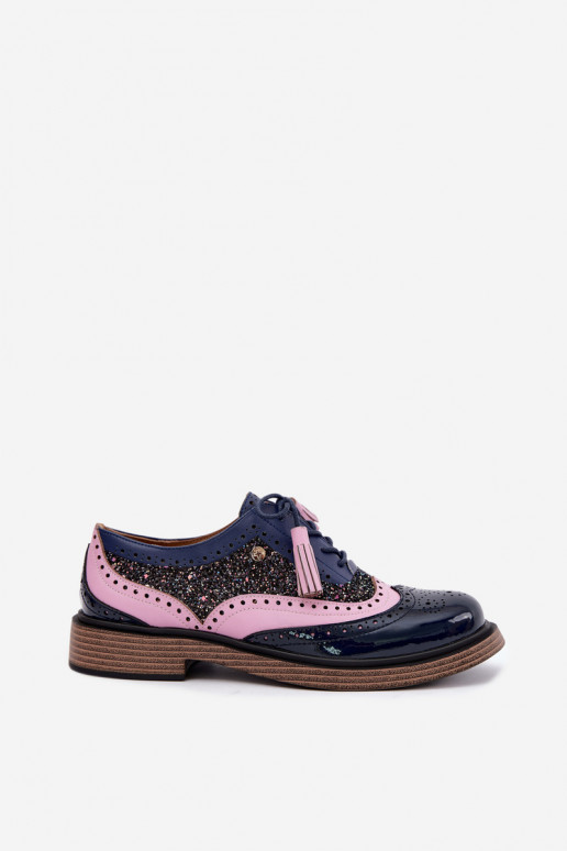 Chaussures en cuir pour femmes avec lacets et pampilles Tai turiciejka K7816-17 en bleu marine