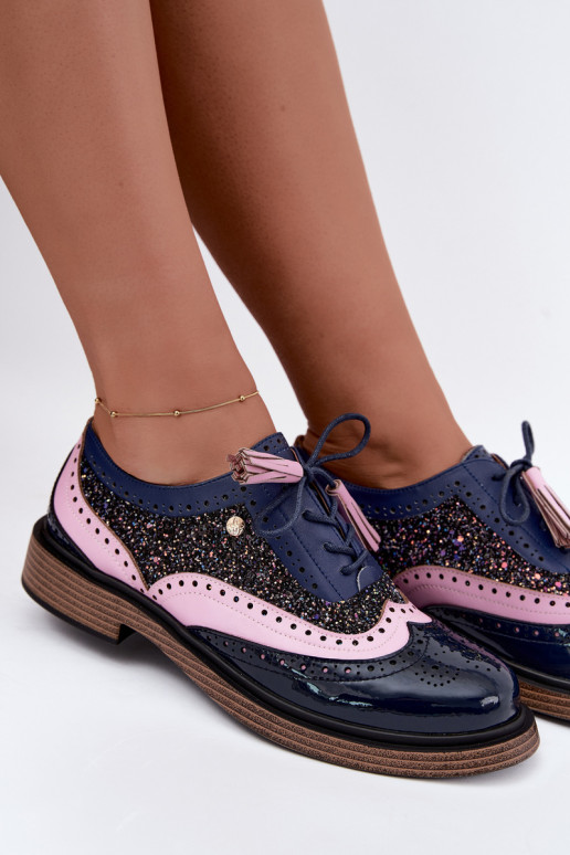 Chaussures en cuir pour femmes avec lacets et pampilles Tai turiciejka K7816-17 en bleu marine