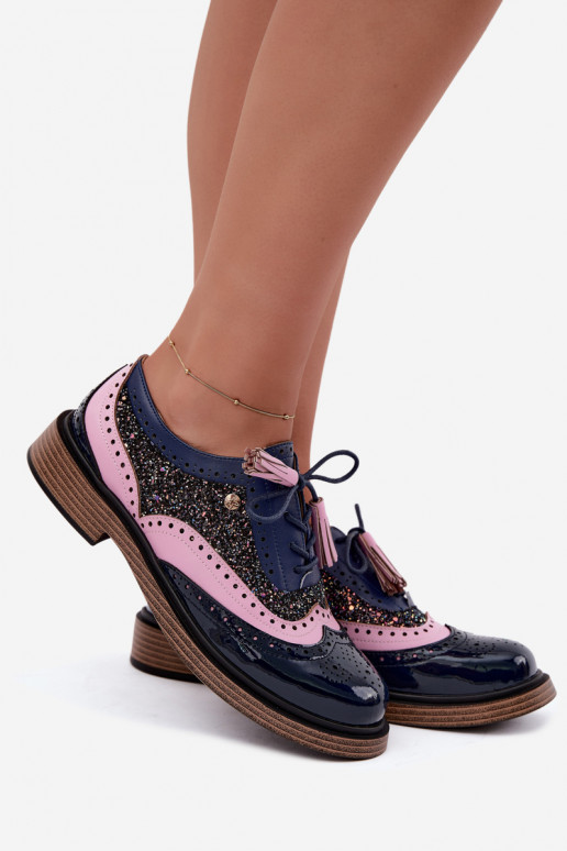 Chaussures en cuir pour femmes avec lacets et pampilles Tai turiciejka K7816-17 en bleu marine