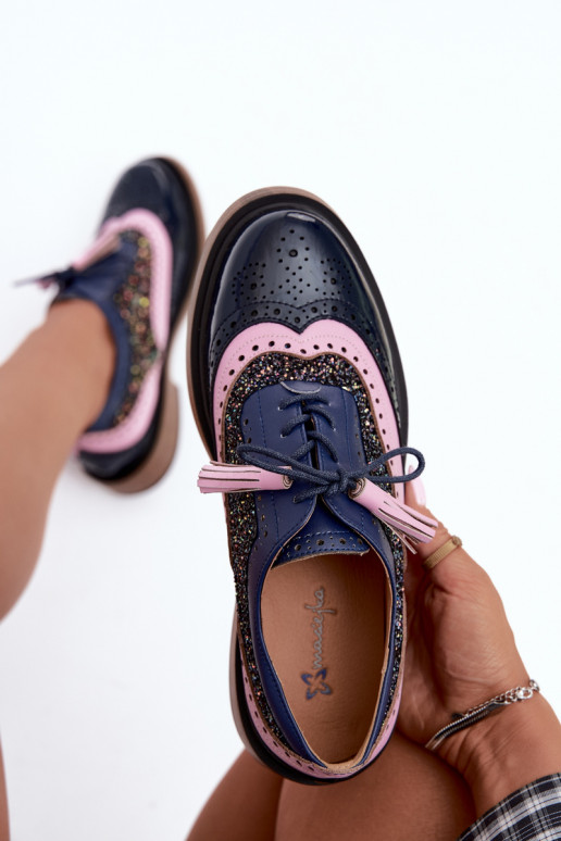 Chaussures en cuir pour femmes avec lacets et pampilles Tai turiciejka K7816-17 en bleu marine