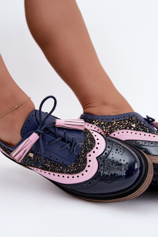 Chaussures en cuir pour femmes avec lacets et pampilles Tai turiciejka K7816-17 en bleu marine
