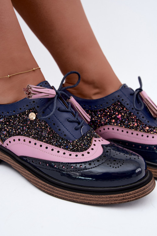 Chaussures en cuir pour femmes avec lacets et pampilles Tai turiciejka K7816-17 en bleu marine