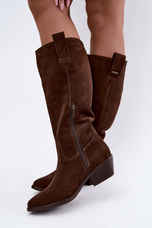 bottes hautes en daim synthétique pour femmes à petit talon isolées Big Star UU274519 couleur chocolat