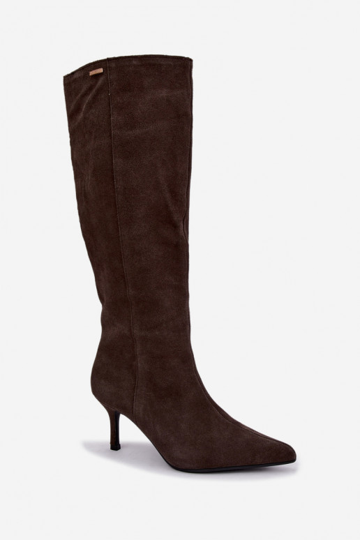 bottes hautes en daim synthétique avec talons fins isolées modèle à enfiler Big Star UU274495 couleur marron foncé