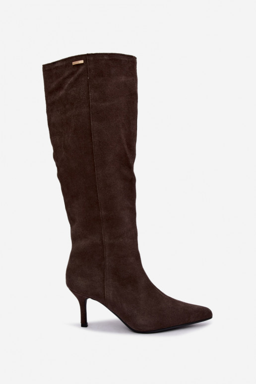 bottes hautes en daim synthétique avec talons fins isolées modèle à enfiler Big Star UU274495 couleur marron foncé