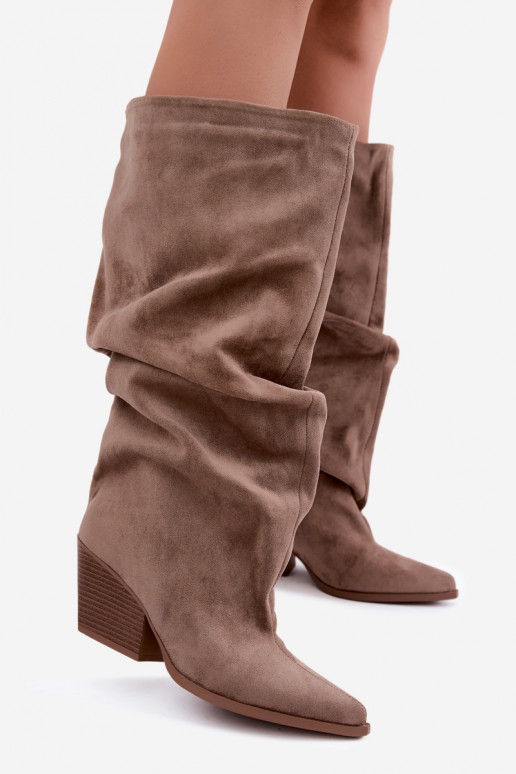 Bottes hautes kaki pour femmes avec tige incurvée et talons en daim Durela