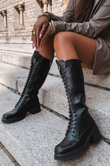 Bottines en cuir longues à lacets et talons, chaudes Vinceza 66804 noires 2