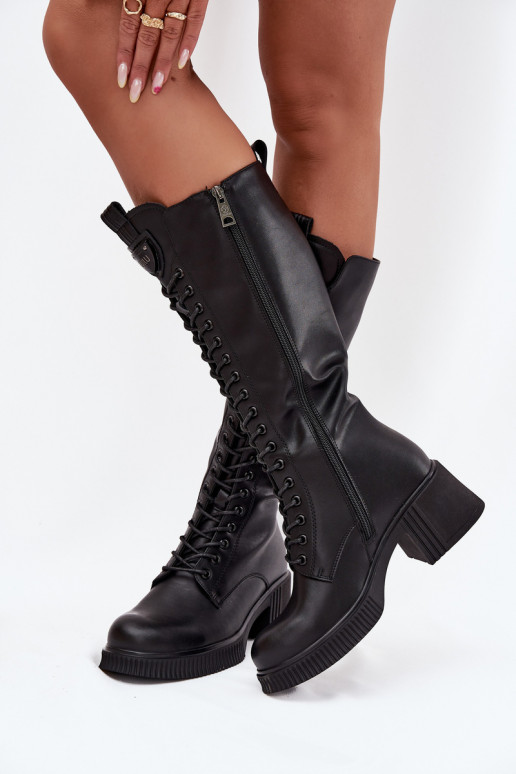 Bottines en cuir longues à lacets et talons, chaudes Vinceza 66804 noires