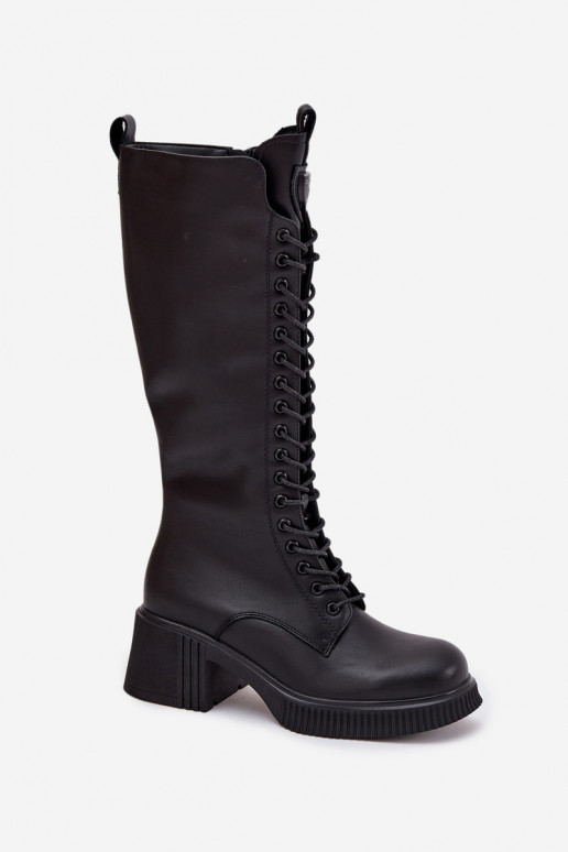 Bottines en cuir longues à lacets et talons, chaudes Vinceza 66804 noires