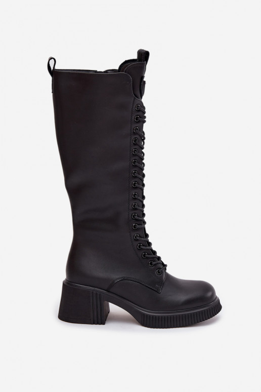 Bottines en cuir longues à lacets et talons, chaudes Vinceza 66804 noires