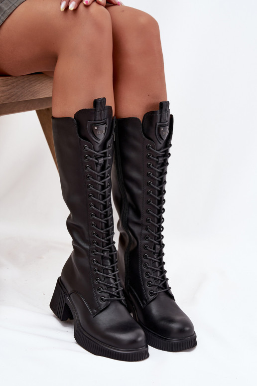 Bottines en cuir longues à lacets et talons, chaudes Vinceza 66804 noires