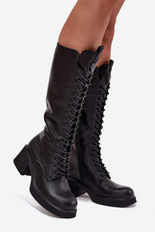 Bottines en cuir longues à lacets et talons, chaudes Vinceza 66804 noires