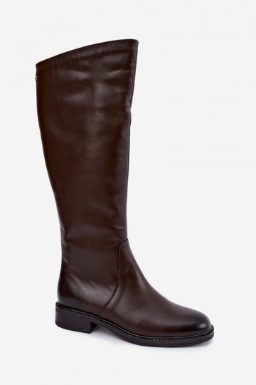 Bottes en cuir pour femmes jusqu'au genou avec talons larges isolées Zazoo 70163 chocolat 2