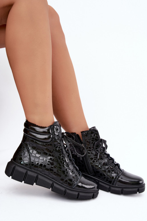Bottines isolées pour femmes en simili cuir avec effet verni noir Canelia