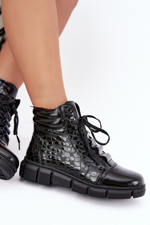 Bottines isolées pour femmes en simili cuir avec effet verni noir Canelia