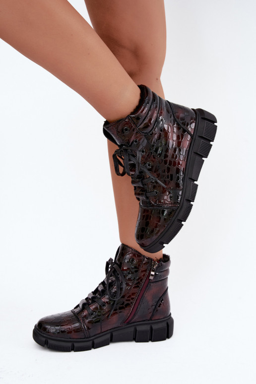 Peau avec effet vernis Bottes pour femmes réchauffer Bourgogne Canelia
