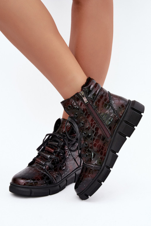 Peau avec effet vernis Bottes pour femmes réchauffer Bourgogne Canelia
