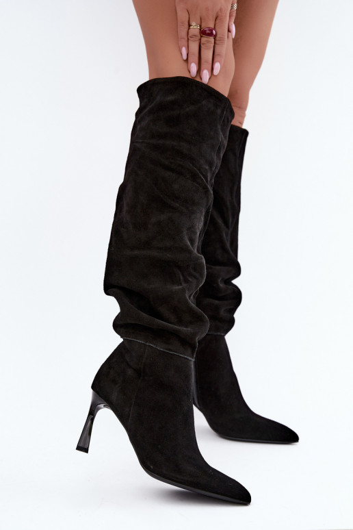 Bottes hautes en daim synthétique Slouchy avec talons fins Vinceza 89170 en couleur noire