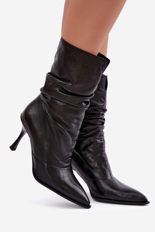 Bottines isolées en cuir naturel Slouchy avec talons fins Vinceza 89166 en couleur noire