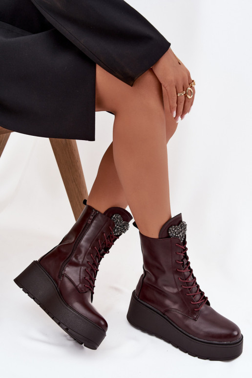 Bottines en cuir pour femmes avec ornements doublées en bordeaux Ulrika