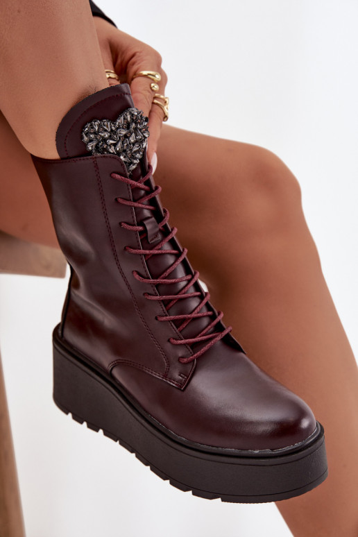 Bottines en cuir pour femmes avec ornements doublées en bordeaux Ulrika