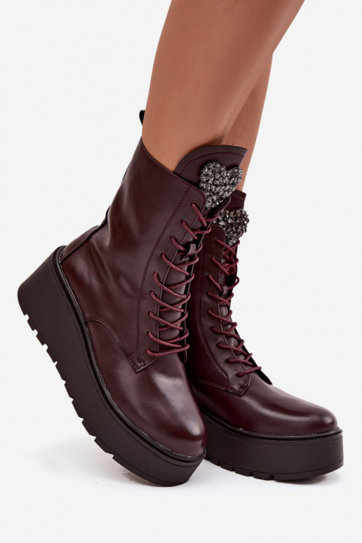 Bottines en cuir pour femmes avec ornements doublées en bordeaux Ulrika