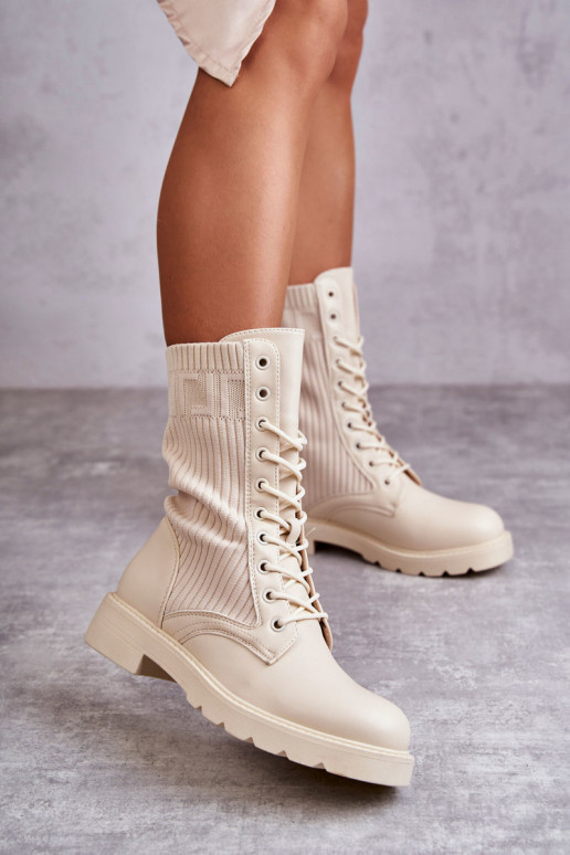 Bottines pour femmes avec tige type chaussette et talons larges en couleur sable Liam