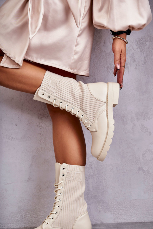 Bottines pour femmes avec tige type chaussette et talons larges en couleur sable Liam