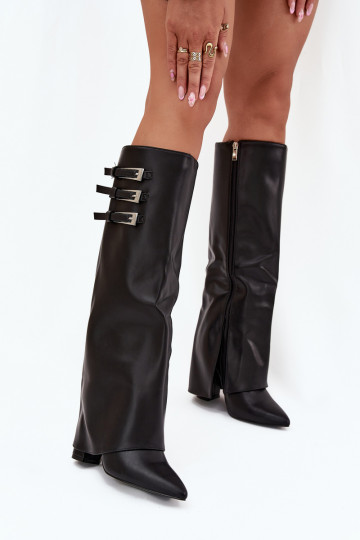 Bottes hautes pour femmes avec talons et tige à lacets, sangles avec boucles en noir Nirisa 2