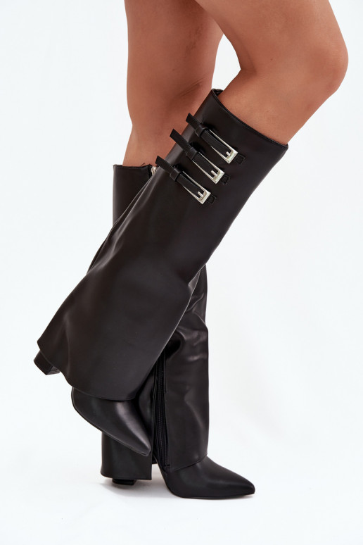 Bottes hautes pour femmes avec talons et tige à lacets, sangles avec boucles en noir Nirisa