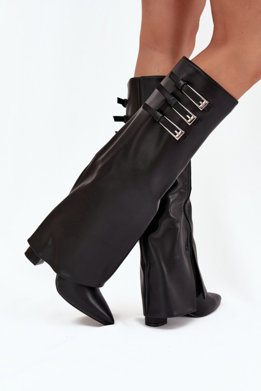 Bottes hautes pour femmes avec talons et tige à lacets, sangles avec boucles en noir Nirisa