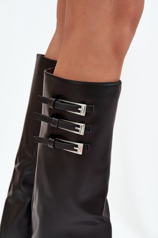 Bottes hautes pour femmes avec talons et tige à lacets, sangles avec boucles en noir Nirisa