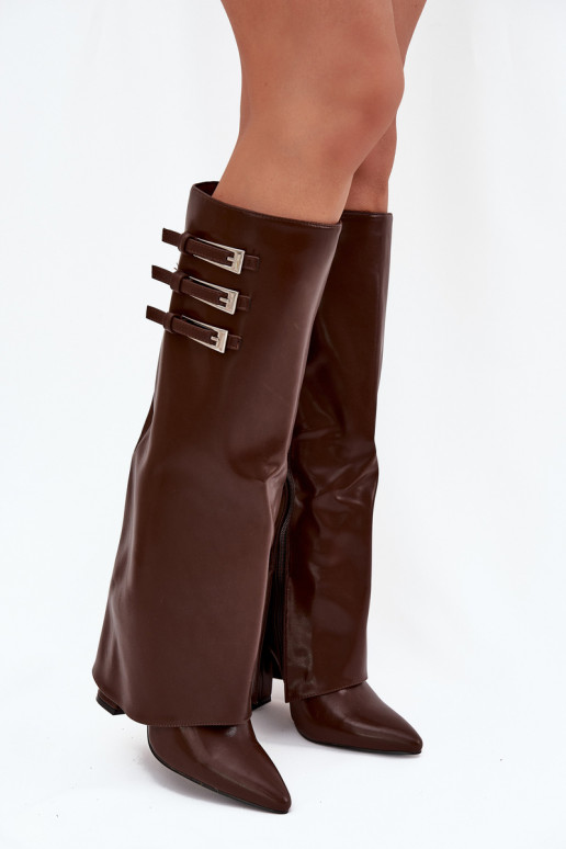 Bottes hautes pour femmes avec talons et tige à lacets, sangles avec boucles en chocolat Nirisa
