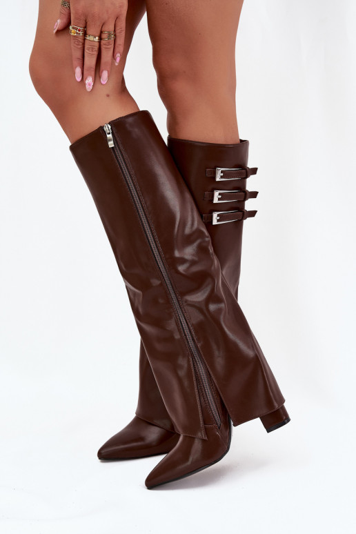Bottes hautes pour femmes avec talons et tige à lacets, sangles avec boucles en chocolat Nirisa