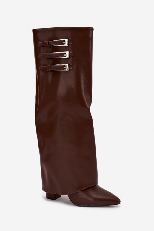 Bottes hautes pour femmes avec talons et tige à lacets, sangles avec boucles en chocolat Nirisa