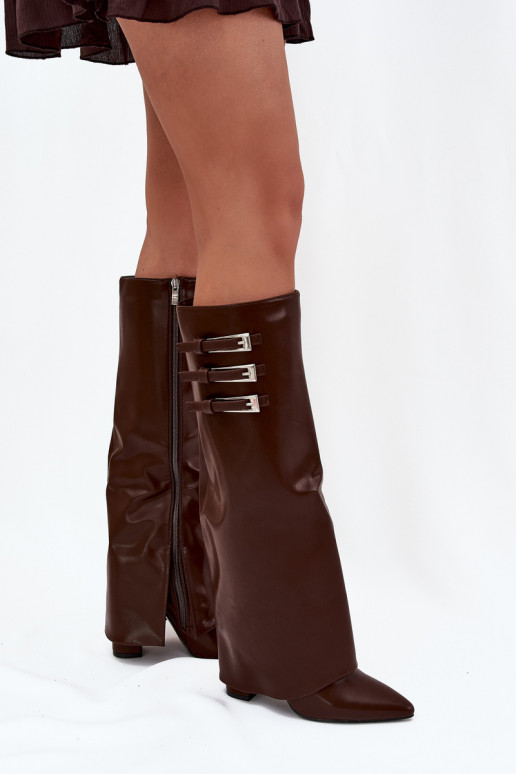Bottes hautes pour femmes avec talons et tige à lacets, sangles avec boucles en chocolat Nirisa