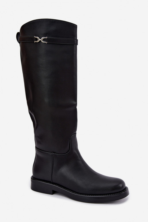 Bottes longues avec talons larges et bandes décoratives en noir Famina