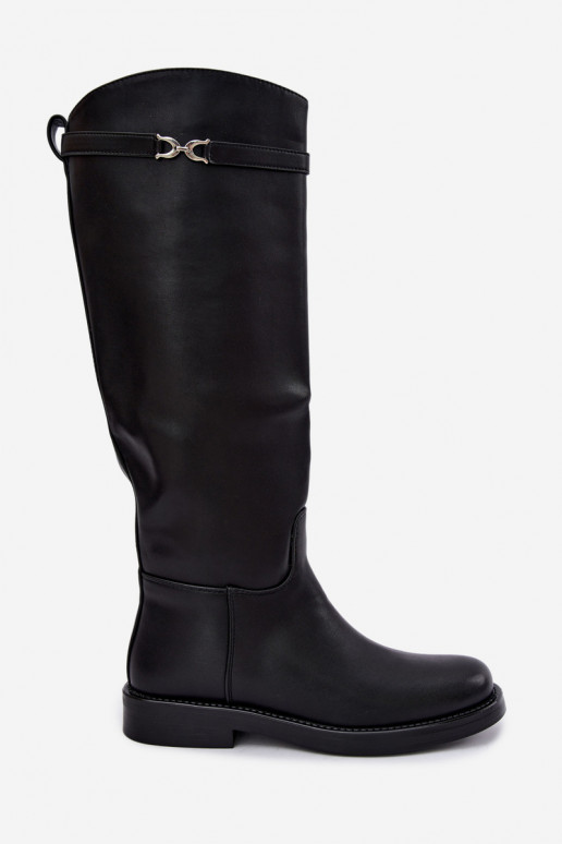 Bottes longues avec talons larges et bandes décoratives en noir Famina